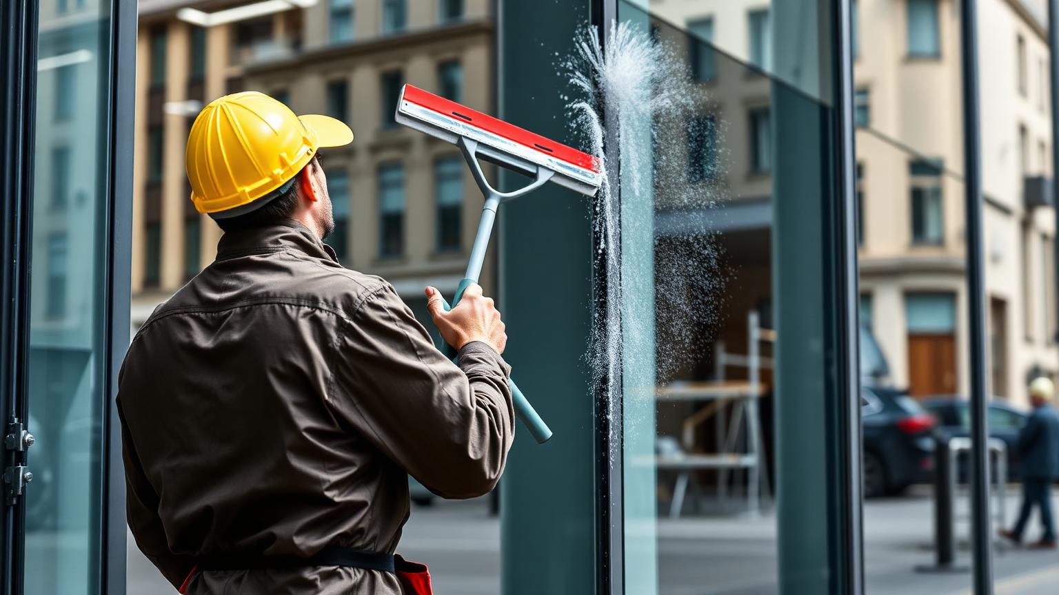 Glasreinigung an einer Bürofassade, Fassadenreinigung und Graffiti-Entfernung