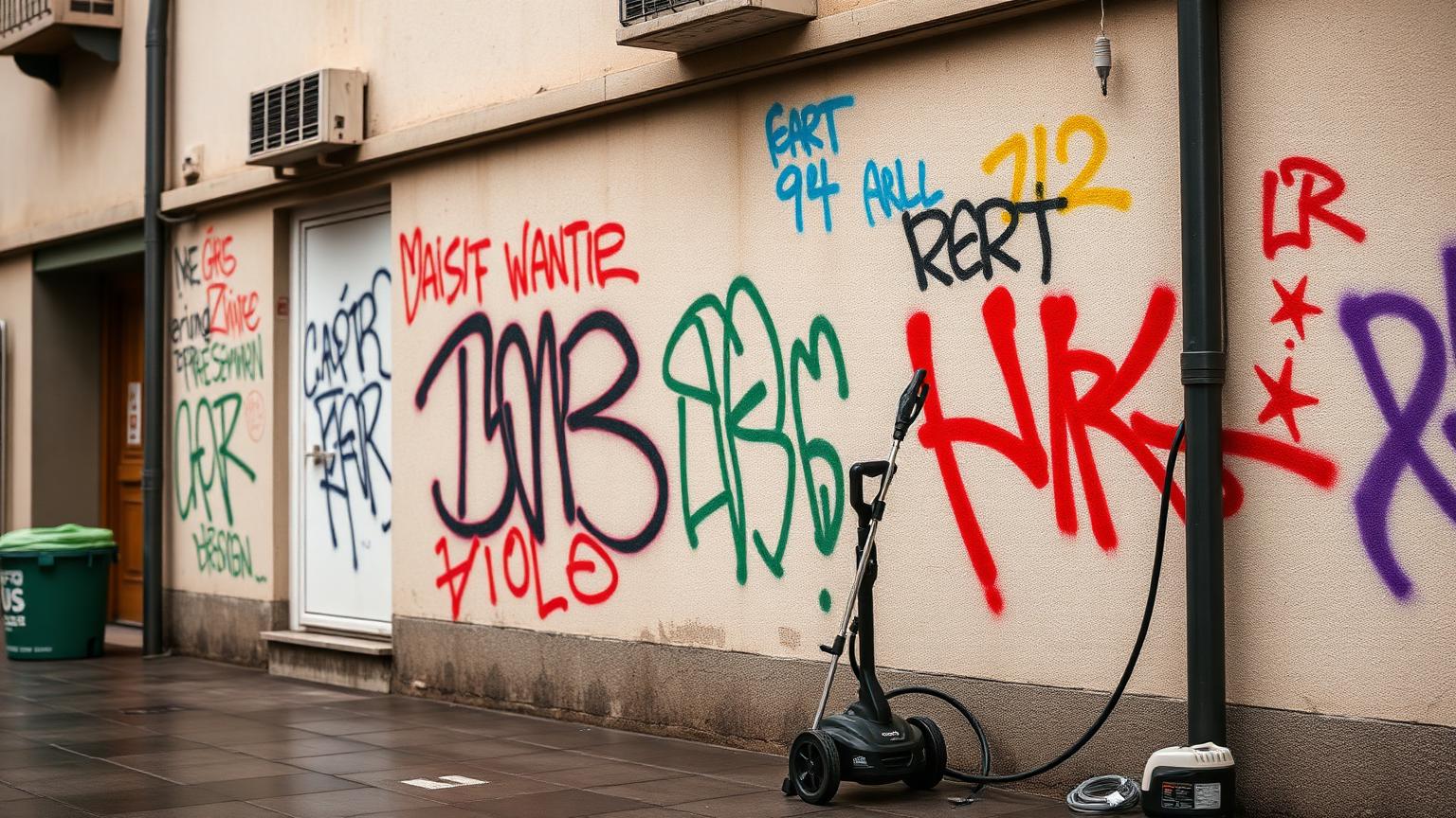 Fassade mit Graffiti vor der Reinigung, Graffitientfernung Stuttgart