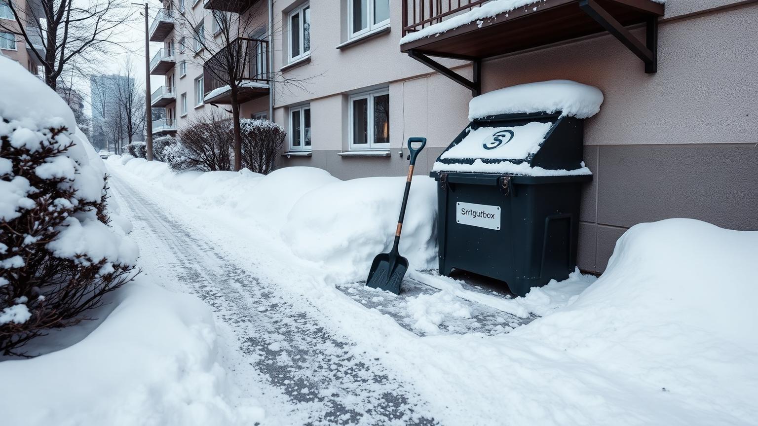 Detailaufnahme einer Streugutbox mit Splitt vor einem Wohnhaus in Stuttgart-Feuerbach am Wintermorgen